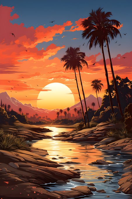 A vibrant illustrated landscape depicting a sunset over a rocky river with palm trees silhouetted against an orange and pink sky.