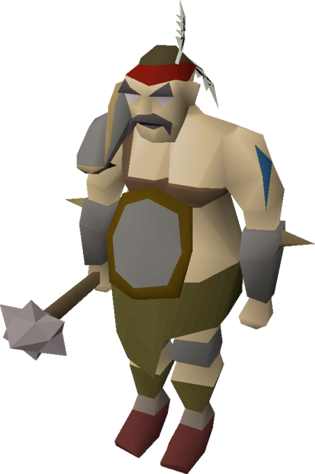 A low-poly 3D render of a muscular warrior character wearing a feathered headband, mustache, spiked gauntlets, and carrying a spiked club, matching the "tribal warrior" RPG aesthetic from Old School RuneScape. The fierce, battle-ready stance visually reinforces the post's frustrated "this me rn" feeling while waiting on the OpenSea issue and LP lock.