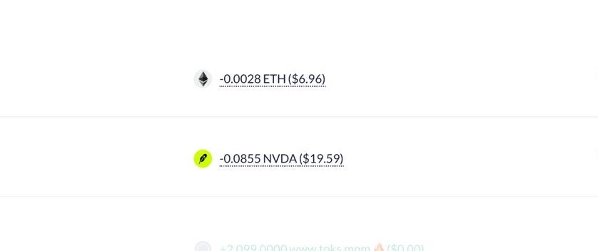 The image shows transaction entries detailing holdings of -0.0028 ETH ($6.96) and -0.0855 NVDA ($19.59), with a partially visible transaction for what appears to be +2,098.0000 (likely tokens from "toks.mom"). The post promotes trying separate airdrop wallets, claiming each could yield up to $120 in fees—the small crypto and token amounts shown illustrate the modest payouts typical of such micro-airdrop claims spread across multiple wallets.