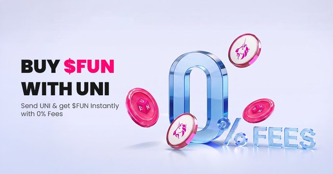 Promotional graphic announcing "BUY $FUN WITH UNI" with a large glass "0%" alongside floating pink unicorn-branded $FUN tokens, illustrating the post's message that ERC-20 UNI deposits are now automatically converted to $FUN with zero fees.