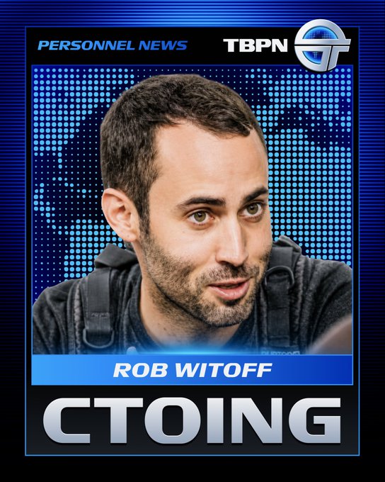 The image is a TBPN "Personnel News" graphic featuring Rob Witoff, displayed in a blue-toned trading card-style layout with the text "CTOING" prominently shown at the bottom, referencing his new role as CTO of Coinbase as announced in the accompanying post.