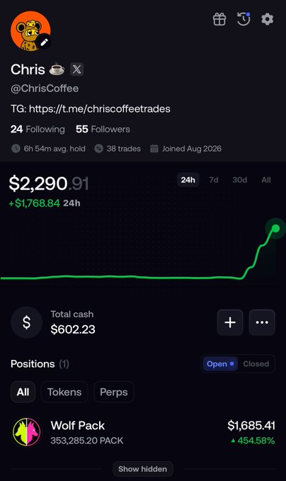 A portfolio tracker showing user 'Chris' (@ChrisCoffee) with TG link t.me/chriscoffeetrades, displaying $2,290.91 portfolio value (+$1,768.84 in 24h) with total cash of $602.23 and a position in Wolf Pack (PACK) showing $1,685.41 (+454.58%).