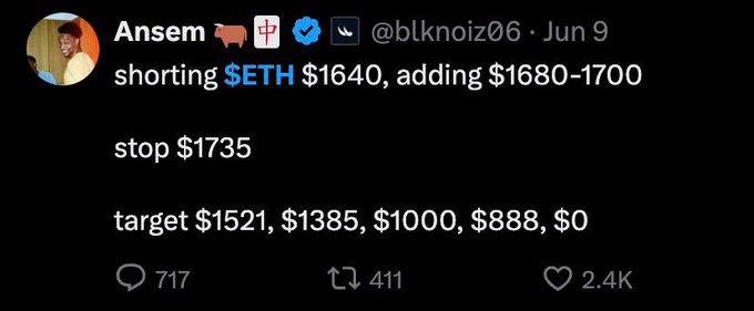 A screenshot of a tweet from crypto influencer Ansem (@blknoiz06) dated June 9, advising followers to short $ETH at $1640 with targets as low as $0, which contrasts sharply with the accompanying post claiming "Eth 10k" and highlighting how his bearish call was dramatically reversed.