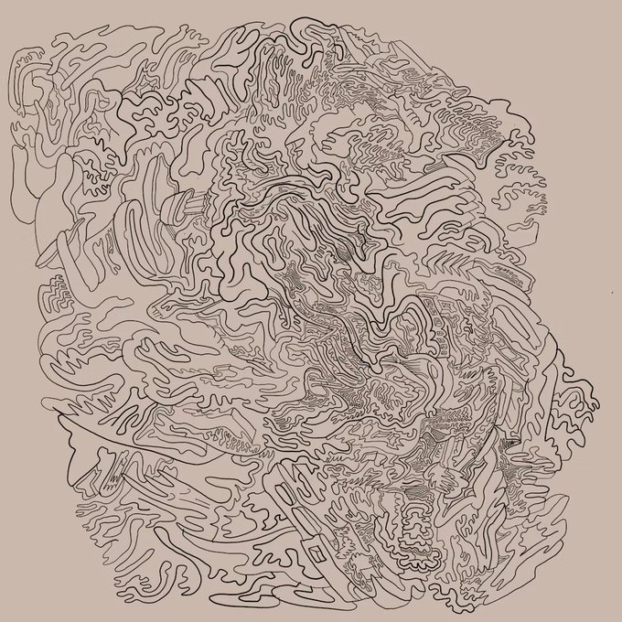 Abstract line art illustration with swirling, organic brown line patterns forming a dense, portrait-like shape against a light beige background.