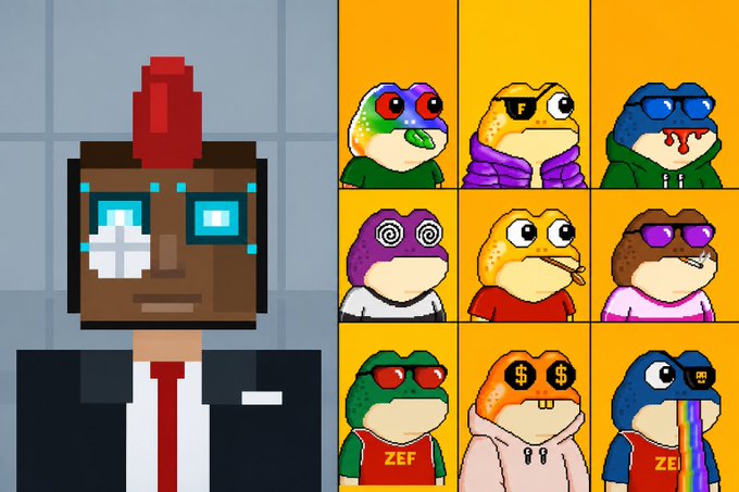 A pixel-art image featuring a character with a red mohawk and VR headset next to a 3x3 grid of stylized frog characters wearing various accessories like sunglasses and hoodies.