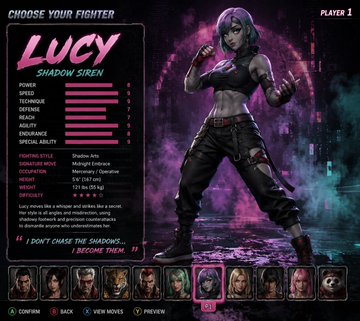 A video game character selection screen for 'LUCY - SHADOW SIREN' showing stats like Power, Thirst, Technique, Defense, Reach, Agility, and Endurance, with the quote 'I DON'T CHASE THE SHADOWS, I BECOME THEM.'