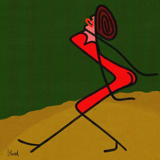 An abstract digital painting by 'Bswd' showing a red stylized figure with a spiral head walking across a yellow ground against a dark green background.