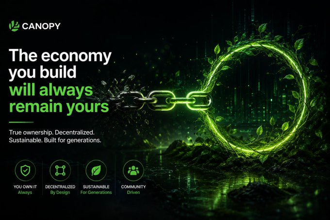 A Canopy (CNPY Network) promotional banner featuring the tagline "The economy you build will always remain yours" and "True ownership. Decentralized. Sustainable. Built for generations," alongside icons highlighting "You Own It Always," "Decentralized By Design," "Sustainable For Generations," and "Community Driven." The accompanying post highlights Canopy's broader ecosystem features—such as built-in wallets and explorers, atomic swaps for cross-chain liquidity, and over 600 chains—aligning with the image's emphasis on a fully owned, decentralized, and self-sustaining network economy.