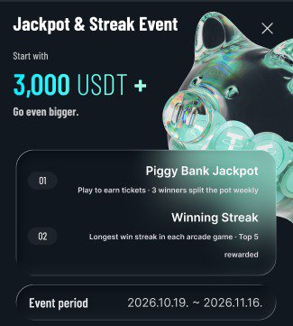 Jackpot & Streak Event promotional image showing a 3,000 USDT+ prize pool with Piggy Bank Jackpot and Winning Streak rewards, running from 2026.10.19 to 2026.11.16.