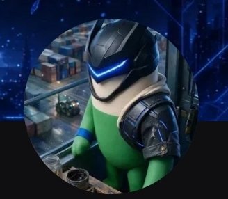 A 3D-rendered character wearing futuristic armor with a glowing blue visor and green bodysuit stands overlooking an industrial cityscape at night.