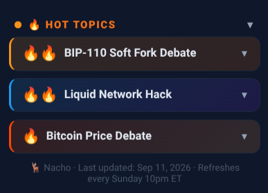 A 'Hot Topics' menu displays three trending items: 'BIP-110 Soft Fork Debate', 'Liquid Network Hack', and 'Bitcoin Price Debate', credited to Nacho with a last updated date of Sep 11, 2026.