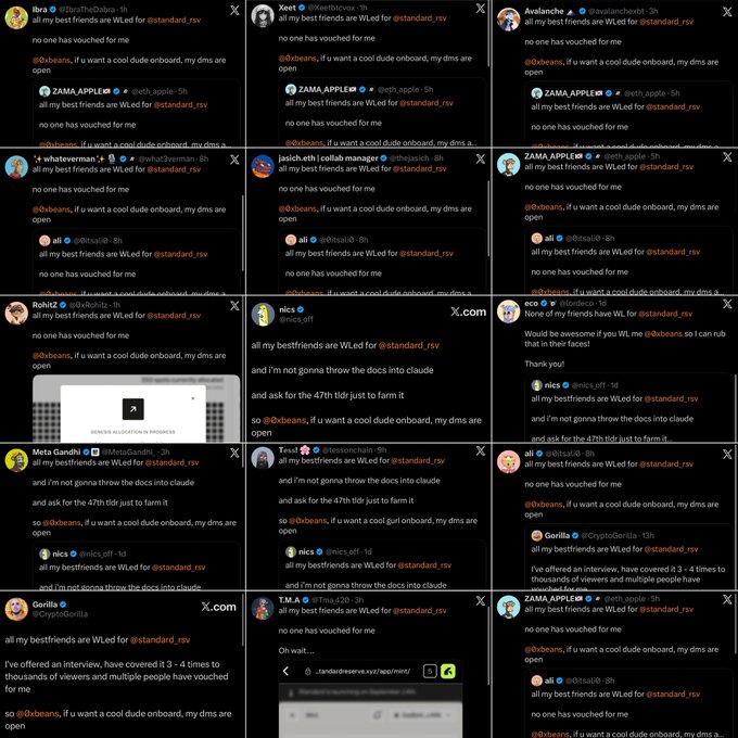 A grid of X.com posts where multiple accounts like @eth_apple_, @ethjaco, and @dratoshi reply "no one has vouched for me" and similar messages, many tagging @dbeans_ and @standard_rsv.