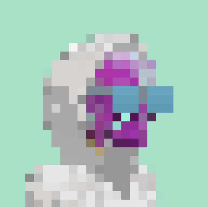 A pixelated portrait of a figure with vibrant pink and purple face paint or coloring, set against a light mint green background.