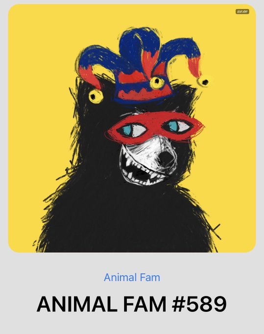 An illustration of a black bear wearing a red mask and a colorful jester hat against a yellow background, labeled "ANIMAL FAM #589" from Animal Fam.