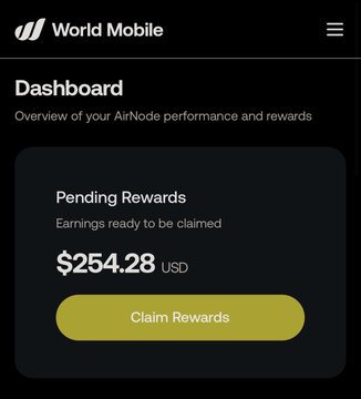 A mobile app screenshot from World Mobile showing a Dashboard with $254.28 USD in Pending Rewards and a yellow 'Claim Rewards' button.