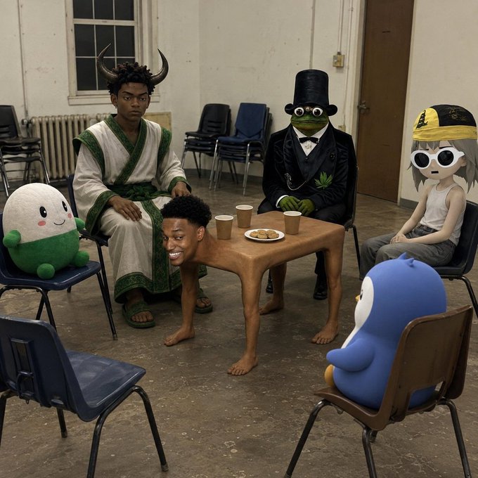 A surreal scene shows various characters including a horned figure, a frog in a top hat, and cartoon mascots seated around a table with a human head as the tabletop.