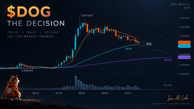 A financial chart titled "$DOG THE DECISION" showing DOG (Bitcoin) price action with MA30 and MA200 moving averages, highlighting a -3% drop, created by Ian Al Lab.