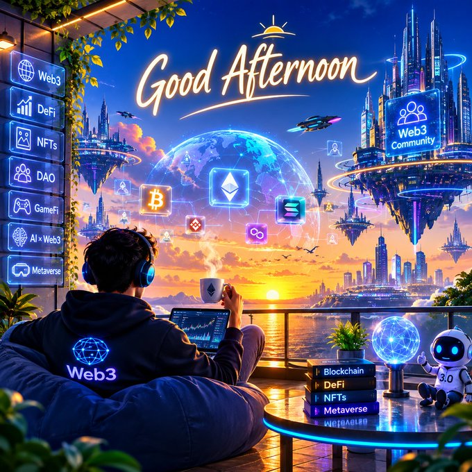 A vibrant 'Good Afternoon' illustration showing a person in a Web3 hoodie viewing a futuristic cityscape with floating cryptocurrency icons (Bitcoin, Ethereum, Solana), floating islands, and categories like NFTs, DeFi, DAO, GameFi, AI x Web3, and Metaverse.
