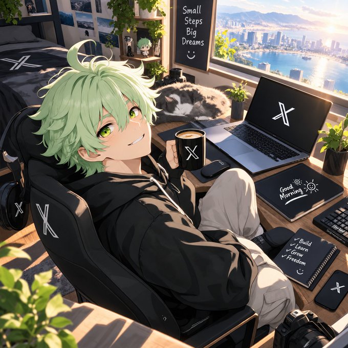 An anime illustration depicts a green-haired character in a black hoodie lounging in a chair with their eyes and laptop open, alongside a sleeping cat, a mug, and a notebook reading "Build, Learn, Grow, Freedom" with a "Small Steps Big Dreams" sign nearby.