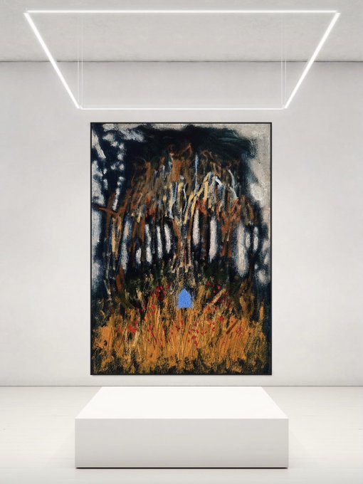 A large abstract painting displayed in a modern gallery space, showing dark vertical forms with orange and yellow tones in the lower portion and a small blue figure near the center.
