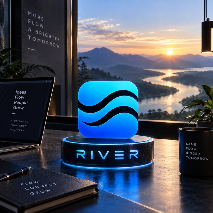 A glowing blue app icon with wavy lines, branded 'RIVER', displayed on a pedestal with a laptop and notebook nearby, overlooking a scenic sunset landscape with the motivational text 'MORE FLOW A BRIGHTER TOMORROW'.