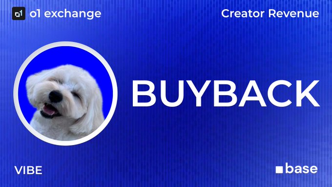An announcement graphic for O1 Exchange's Creator Revenue buyback program, featuring a white Maltese dog mascot in a circular portrait on a blue background with bold "BUYBACK" text. The image represents a successful token buyback transaction for the VIBE token, with the transaction details viewable on Base via the linked Basescan link.