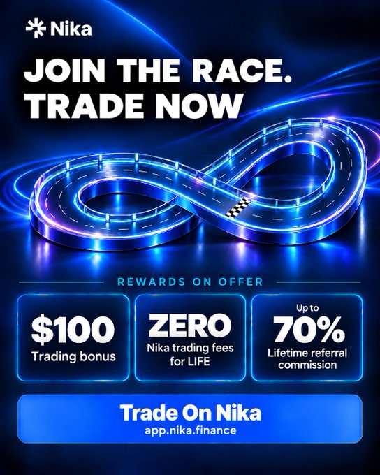 A promotional graphic for "Nika" featuring a glowing blue neon infinity-loop racetrack with a checkered flag, advertising "JOIN THE RACE. TRADE NOW" alongside rewards of a $100 trading bonus, zero trading fees for life, and up to 70% lifetime referral commission, directing viewers to trade at app.nika.finance.