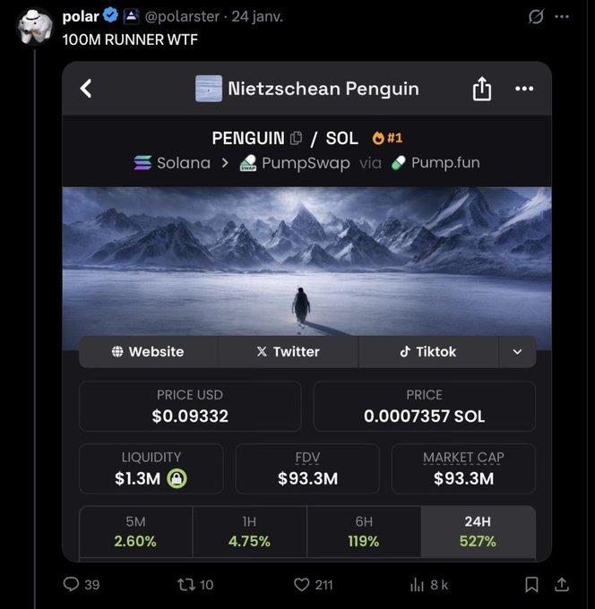 A Twitter post by "polar" (@polarster) captioned "100M RUNNER WTF" showcases a crypto trading dashboard for the token "Nietzschean Penguin" (PENGUIN/SOL) on the Solana blockchain, showing a price of $0.09332, a market cap of $93.3M, and a 527% gain over 24 hours—visually supporting the claim of a viral TikTok animal-themed memecoin reaching 100M+ potential.
