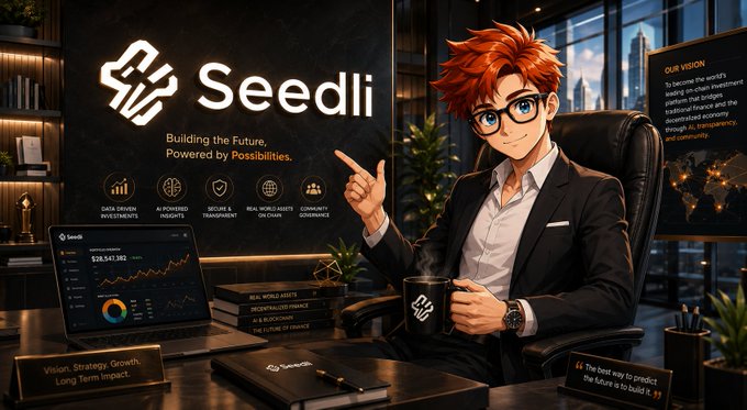 An anime-style promotional graphic for 'Seedli' featuring a red-haired character in a suit pointing upward, alongside the tagline 'Building the Future, Powered by Possibilities.'