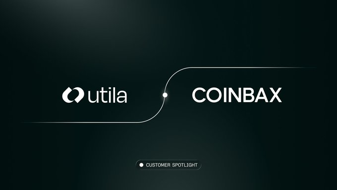 A graphic displays the logos for 'utila' and 'COINBAX' connected by a line, labeled as a 'CUSTOMER SPOTLIGHT'.