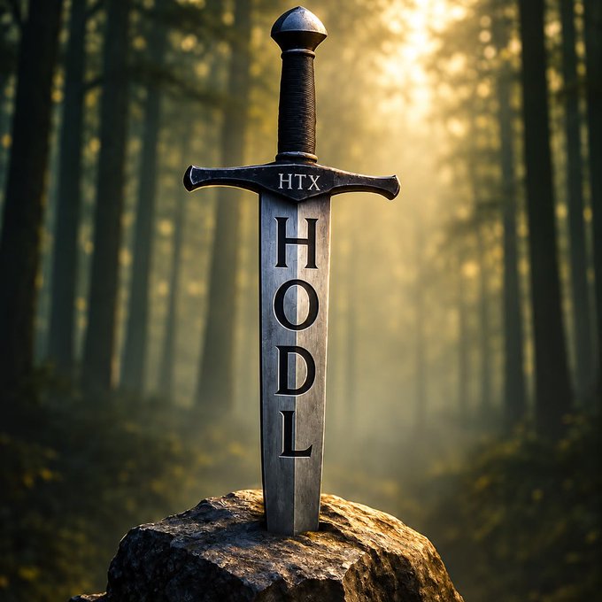 A medieval-style sword with the letters "HODL" engraved vertically on its blade and "HTX" on the crossguard stands embedded in a stone within a misty forest at sunrise.

The image visually represents the crypto slang "HODL" (hold on for dear life), with the sword symbolizing steadfastness and long-term holding, while "HTX" likely references the HTX cryptocurrency exchange—suggesting a theme of holding HTX tokens through any market conditions.