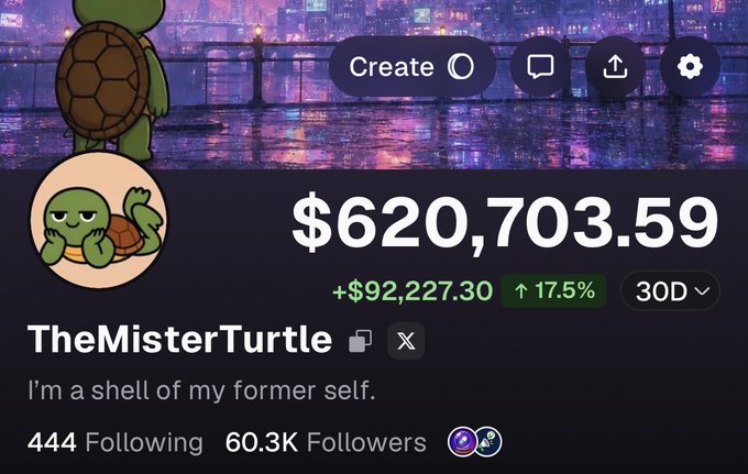 A social media profile for 'TheMisterTurtle' shows a portfolio value of $620,703.59, up $92,227.30 (17.5%) over 30 days, with 60.3K followers and the bio 'I'm a shell of my former self.'