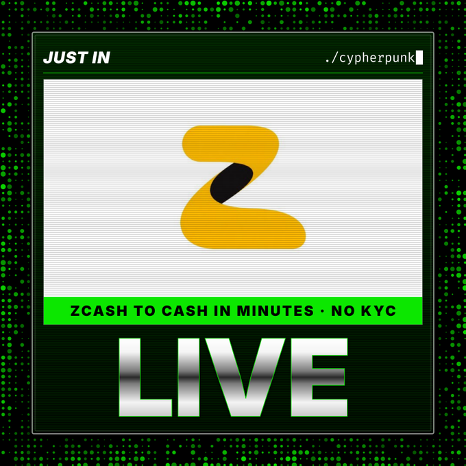 The image displays a "JUST IN" graphic with the Zcash logo and text "ZCASH TO CASH IN MINUTES · NO KYC" above the word "LIVE," announcing the launch of @zcashtocash, a new service offering a shielded ZEC offramp to payment apps in 100+ currencies without KYC requirements.