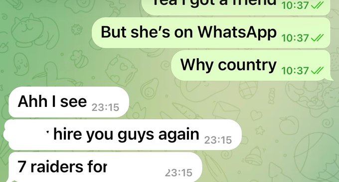 A WhatsApp chat screenshot shows a conversation about recruiting "raiders" for a project, with one user mentioning "7 raiders for" and offering to "hire you guys again," directly corresponding to the post seeking paid individuals at $15 weekly to make 2 daily posts for community engagement.