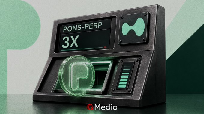 A 3D render of a futuristic black terminal displaying 'PONS-PERP 3X' with a glowing green token, branded with a CQ.Media watermark.