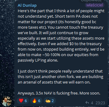 A Telegram message from Al Dunlap discussing a project's treasury assets and equating '3.5x NAV is fucking free,' with 6 hearts, 6 fire, and 2 muscle reactions.