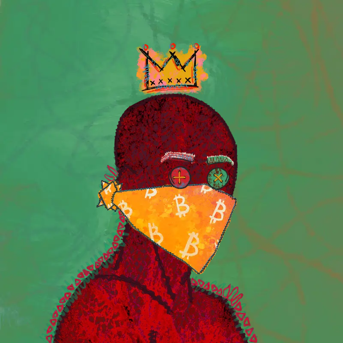 A stylized digital painting of a dark red figure wearing a gold crown and an orange bandana covered in Bitcoin symbols, with mismatched button eyes set against a green background.