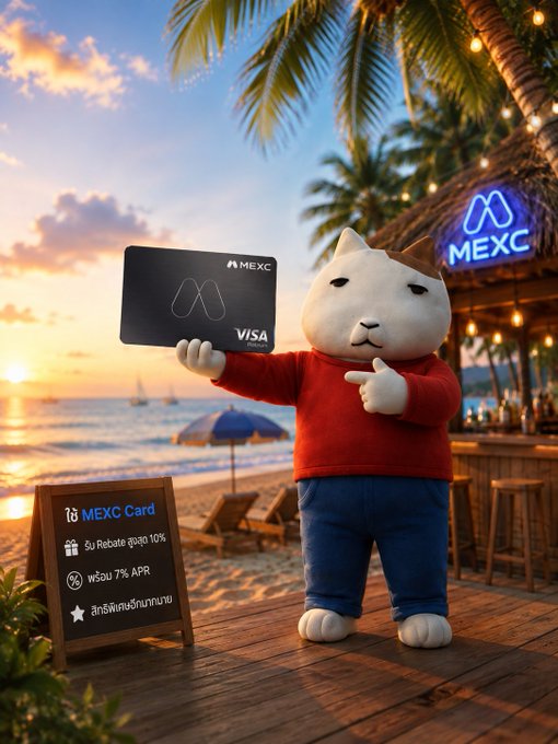 The image features the MEXC mascot holding up a black MEXC Visa card at a tropical beach bar at sunset, with a chalkboard sign promoting the "MEXC Card" with benefits like "5% Rebate up to 10%," "7% APR," and other perks written in Thai. It visually amplifies the post's bullish sentiment toward $KET by associating it with MEXC's promotional push and tropical luxury vibes.