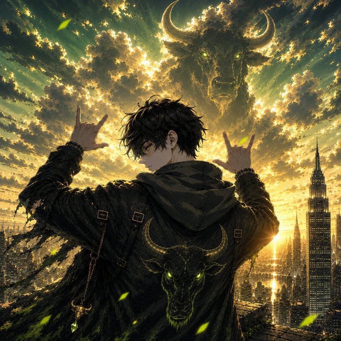 An anime-style illustration of a young man with dark hair making hand gestures, wearing a dark cloak with a glowing bull emblem, with a giant horned bull spirit emerging from a dramatic, cloudy sunset sky above a city skyline.