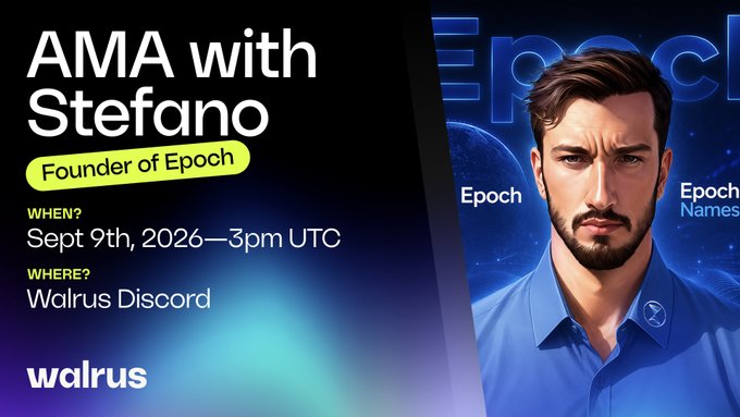 A promotional graphic for an AMA with Stefano, Founder of Epoch, scheduled for September 9th, 2026 at 3 PM UTC on the Walrus Discord. The image features a stylized illustration of Stefano alongside event details, directly corresponding to the announcement's call to join the discussion tomorrow at 3 PM UTC on the Walrus Discord.
