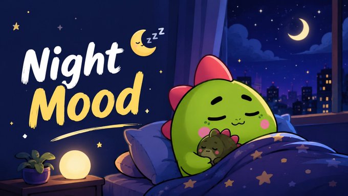 A cartoon illustration depicts a green dinosaur character sleeping in a bed under a 'Night Mood' title, with a starry night sky and city visible through the window.