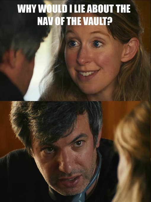 Two-panel movie meme with text 'WHY WOULD I LIE ABOUT THE NAV OF THE VAULT?' at the top, showing a smiling woman looking at a serious-looking man.