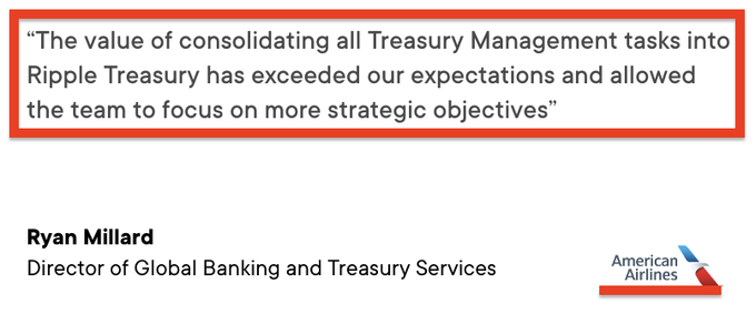 A testimonial from Ryan Millard, Director of Global Banking and Treasury Services at American Airlines, praising Ripple Treasury for consolidating Treasury Management tasks and enabling focus on strategic objectives. The quote supports claims about Ripple's success in modernizing treasury operations for major airlines, with XRP and RLUSD available as settlement options.