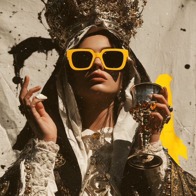 The image shows a stylized figure wearing an ornate crown and yellow sunglasses, holding a jeweled goblet, blending regal and modern elements. This dramatic visual aligns with the "NEW COLLECTION Pax" promotion, evoking a regal NFT aesthetic at objkt.com/collections/KT for 9 XTZ.