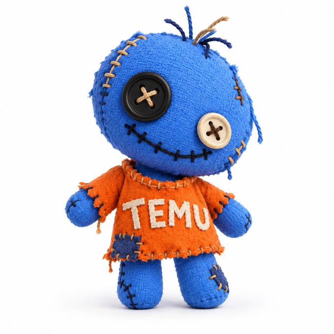 A small blue voodoo doll plush toy with stitched features, button eyes, and an orange shirt with 'TEMU' written across the chest.
