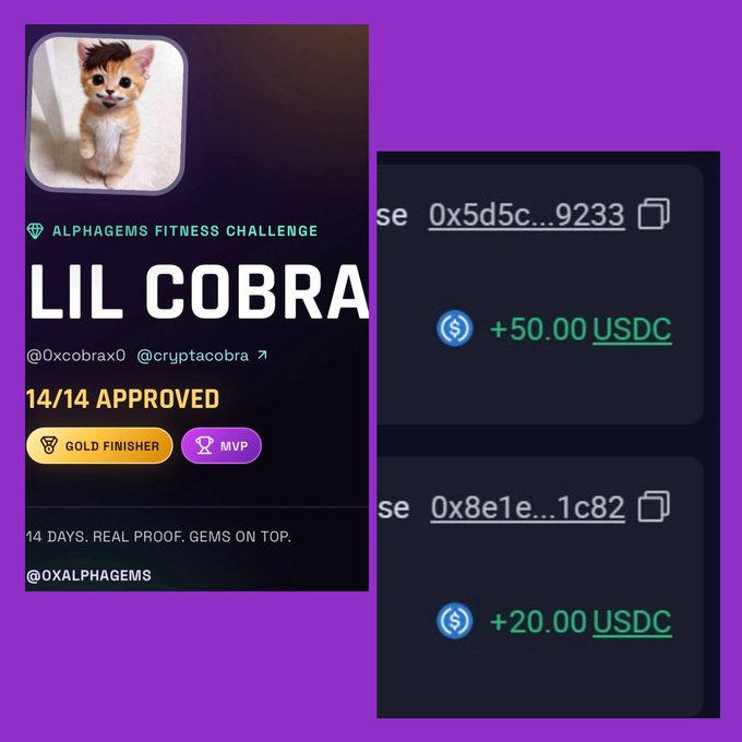 The image shows an "AlphaGems Fitness Challenge" profile card for "LIL COBRA" (@0xcobrax0 / @cryptacobra), marked as a "GOLD FINISHER" and "MVP" with 14/14 approved days, alongside partial wallet screenshots showing USDC earnings of +50.00 and +20.00. It visually supports the caption by highlighting the user's top-ranked, fully verified completion of the 14-day fitness challenge with proof-of-work submissions and USDC reward payouts.