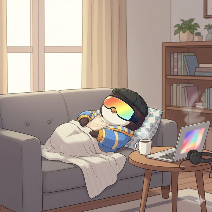 An animated illustration depicts a sloth wearing a backward cap and ski goggles, relaxing on a couch with a white blanket, a coffee mug, and a steaming laptop on a side table.