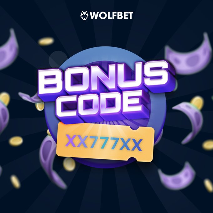 A promotional graphic for Wolfbet displaying a 'BONUS CODE' with the code 'XX777XX' over a dark background with falling gold coins.