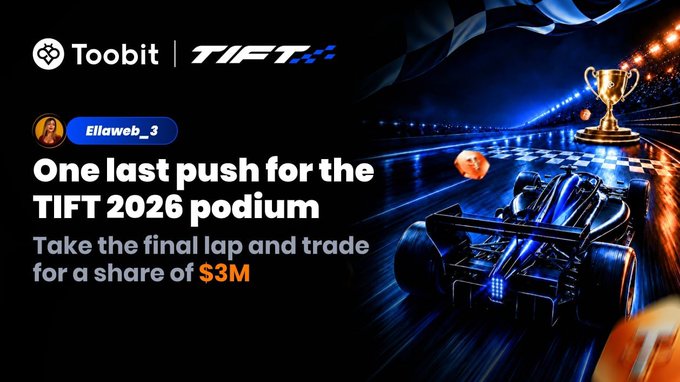 A promotional banner for Toobit's TIFT 2026 trading competition featuring a formula race car and the text 'One last push for the TIFT 2026 podium' and 'Take the final lap and trade for a share of $3M', credited to user 'Ellaweb_3'.