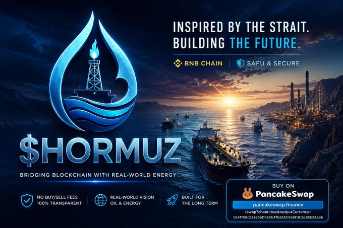 A promotional banner for the '$HORMUZ' token on BNB Chain and PancakeSwap, featuring a flame-and-wave logo, an oil rig, and tankers, with the tagline 'Bridging Blockchain with Real-World Energy'.